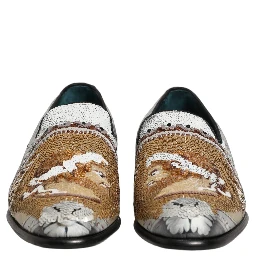 White Gold Sequined Slip On Loafers Shoes