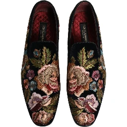 Black Velvet Floral Embroidery Loafers Shoes