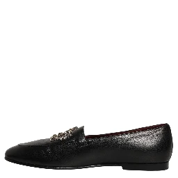 Black Leather Crown Embellished Loafers Shoes