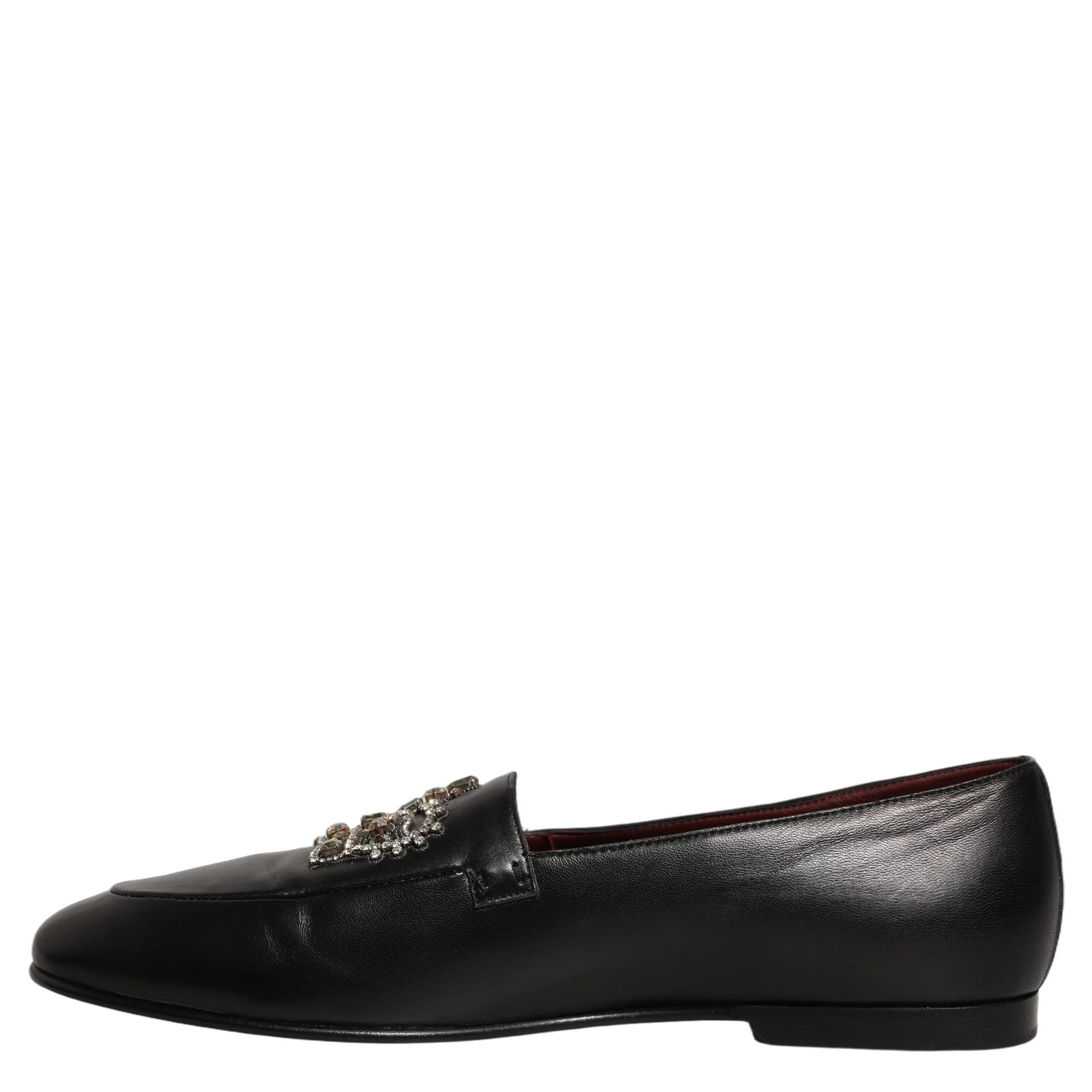 Black Leather Crown Embellished Loafers Shoes