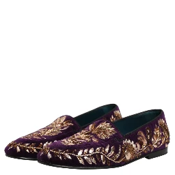 Violet Velvet Floral Embroidery Loafers Shoes