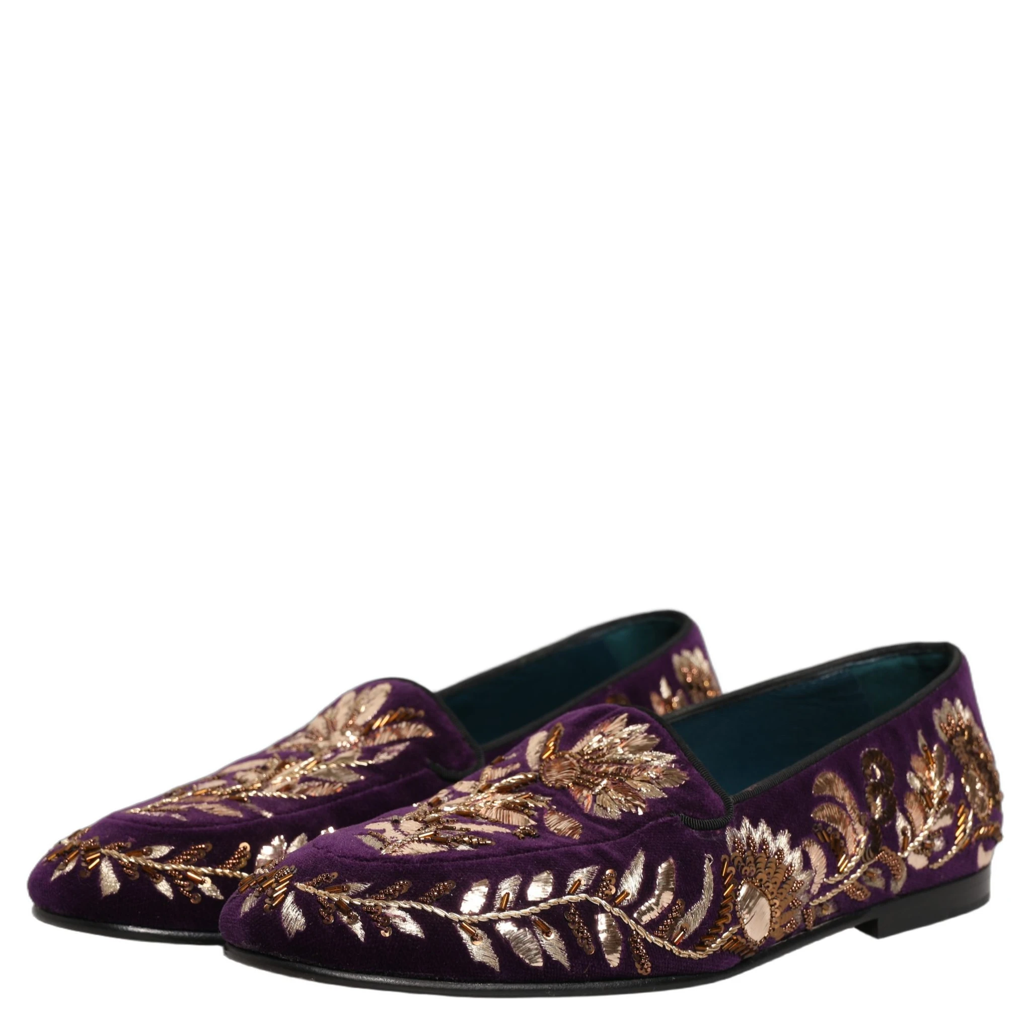 Violet Velvet Floral Embroidery Loafers Shoes