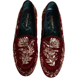 Red Velvet Floral Embroidery Loafers Shoes
