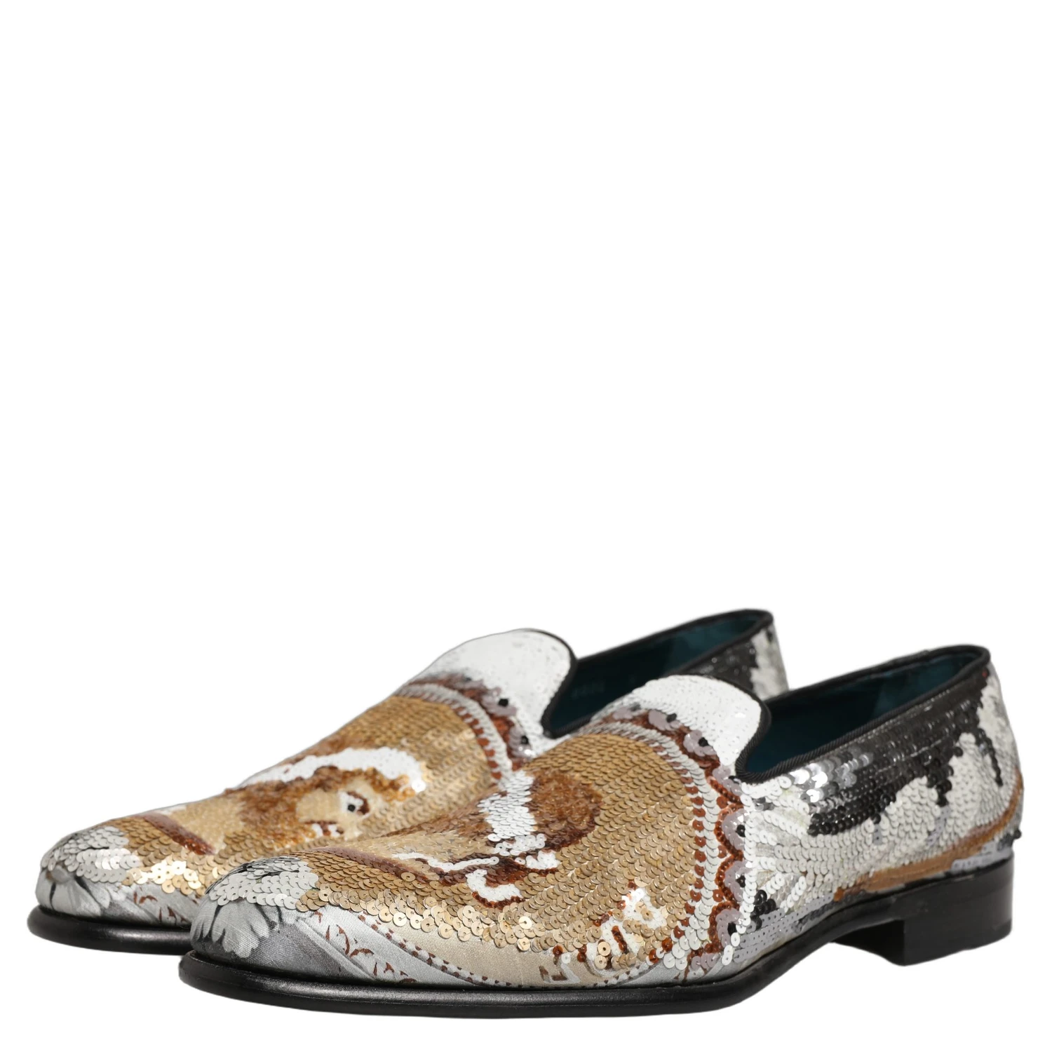 White Gold Sequined Slip On Loafers Shoes