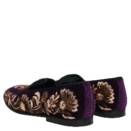 Violet Velvet Floral Embroidery Loafers Shoes