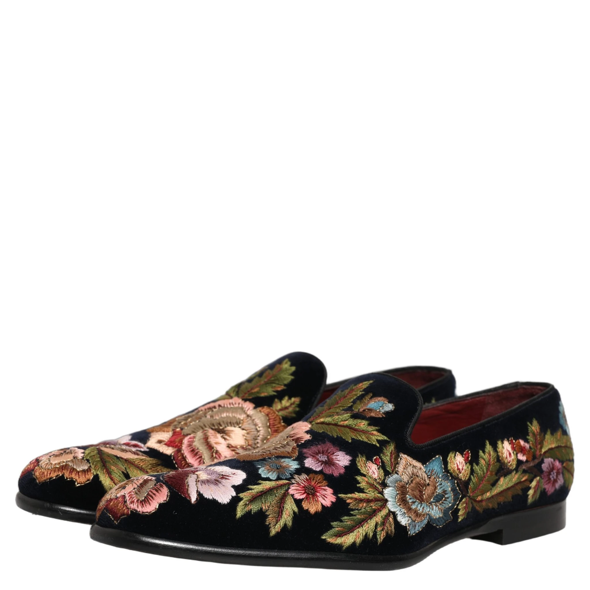 Black Velvet Floral Embroidery Loafers Shoes