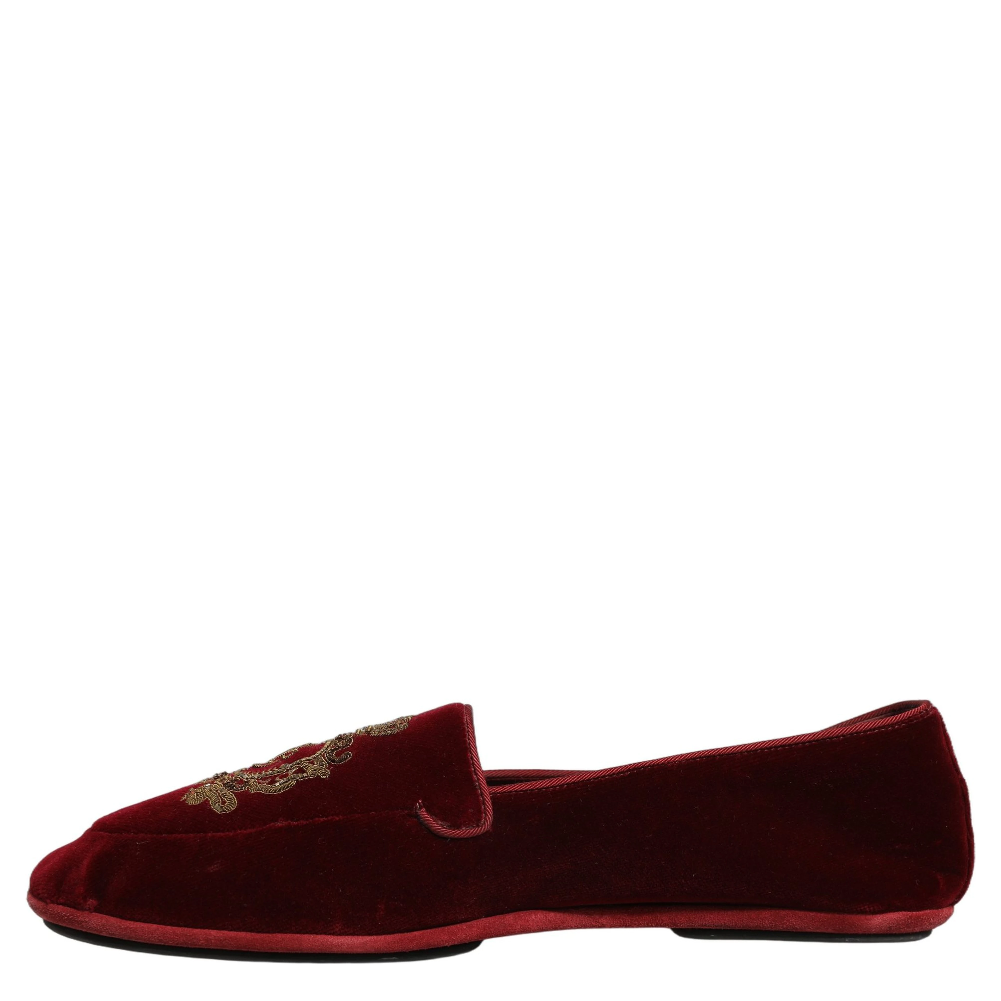 Maroon Velvet Crown Embroidery Loafers Shoes