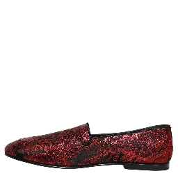 Red Floral Jacquard Slip On Loafers Shoes