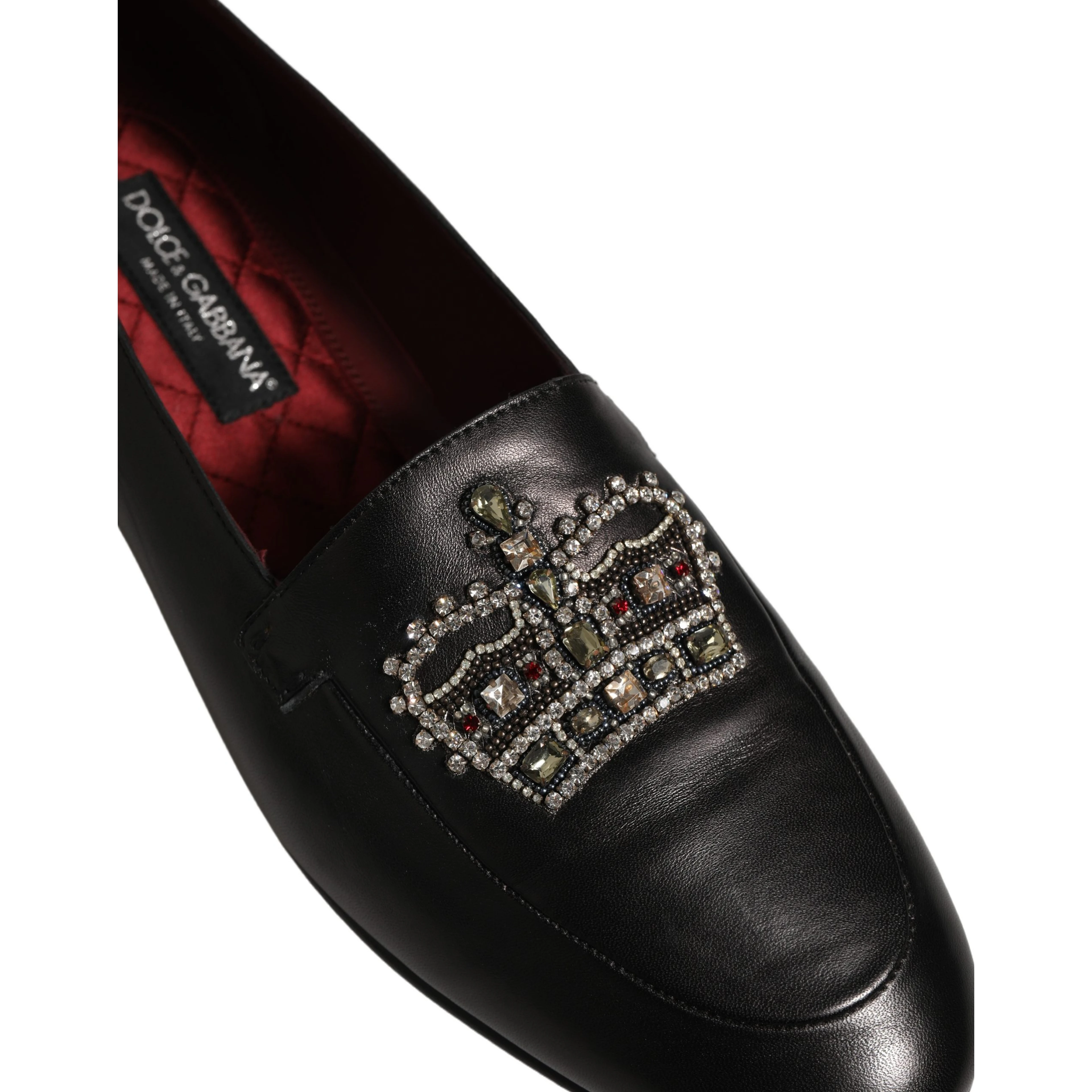 Black Leather Crown Embellished Loafers Shoes