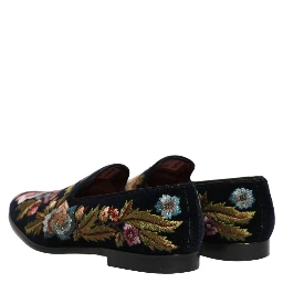 Black Velvet Floral Embroidery Loafers Shoes