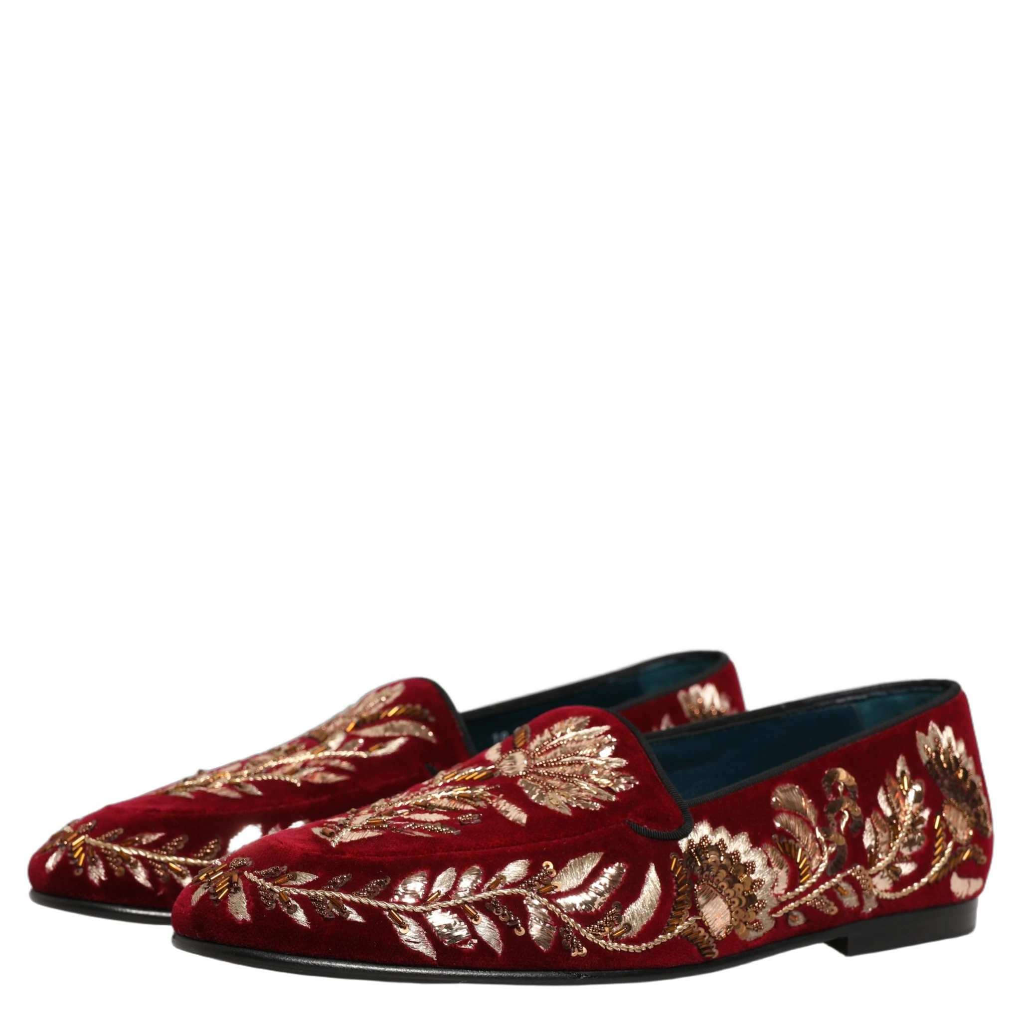 Red Velvet Floral Embroidery Loafers Shoes