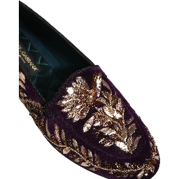 Violet Velvet Floral Embroidery Loafers Shoes