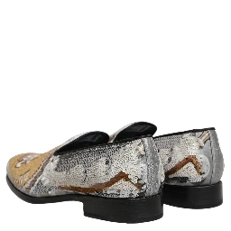 White Gold Sequined Slip On Loafers Shoes