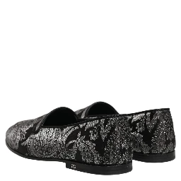 Silver Jacquard Leather Slip On Loafers Shoes
