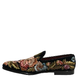 Black Velvet Floral Embroidery Loafers Shoes