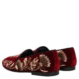 Red Velvet Floral Embroidery Loafers Shoes