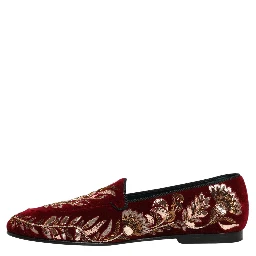 Red Velvet Floral Embroidery Loafers Shoes