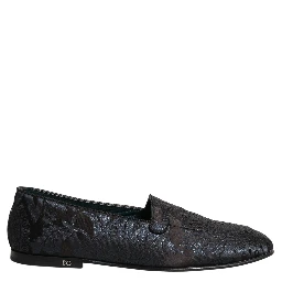 Blue Jacquard Leather Slip On Loafers Shoes