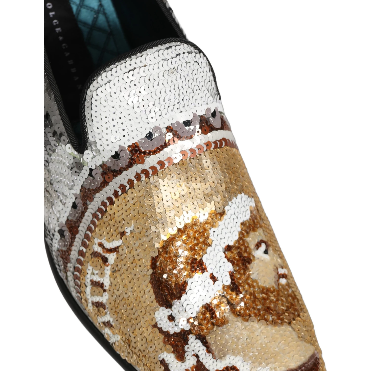 White Gold Sequined Slip On Loafers Shoes