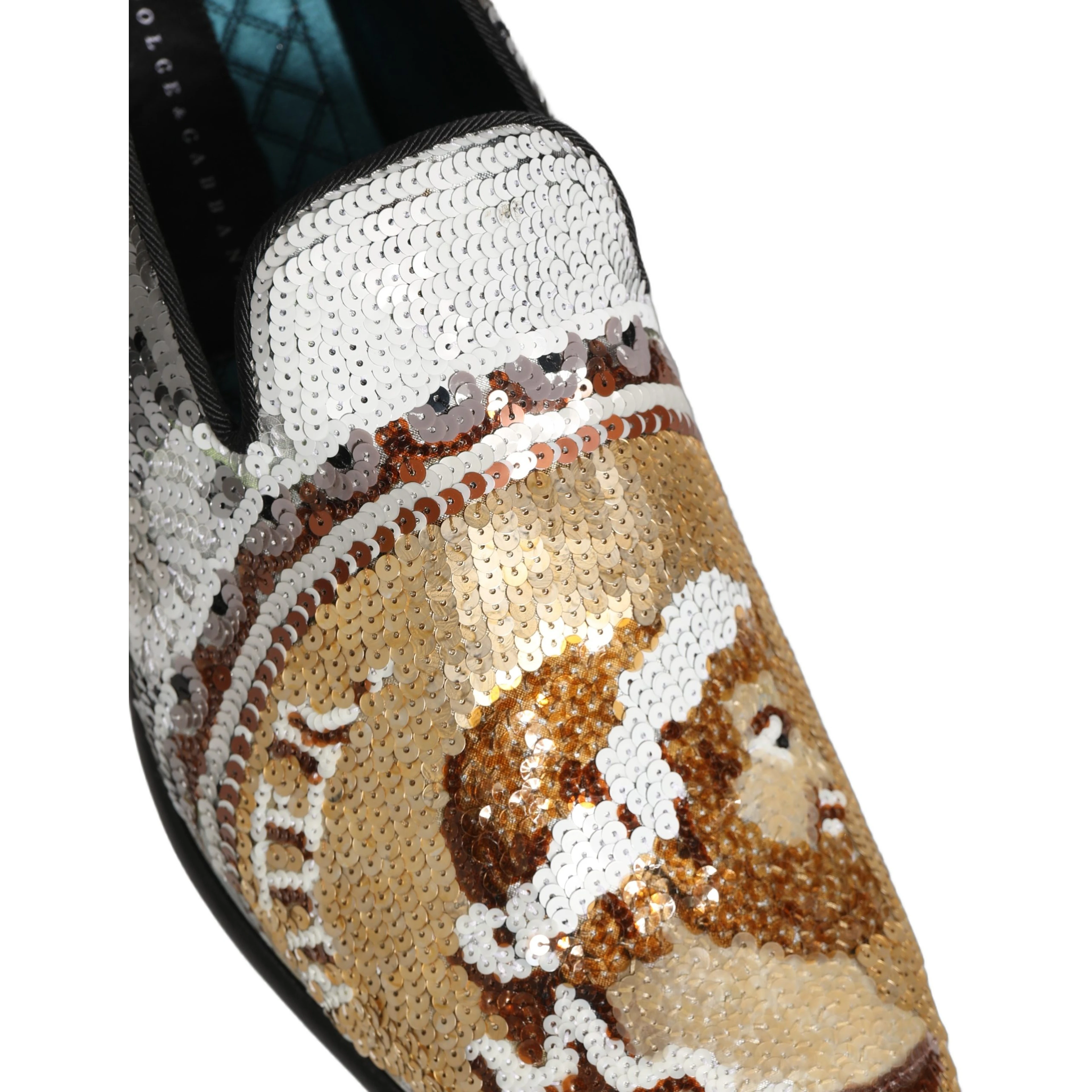 White Gold Sequined Slip On Loafers Shoes