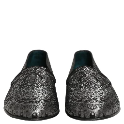 Silver Jacquard Leather Slip On Loafers Shoes