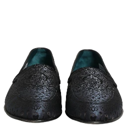 Blue Jacquard Leather Slip On Loafers Shoes