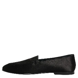 Black Satin Logo Slip On Flats Loafers Shoes