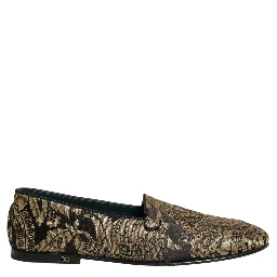 Gold Jacquard Leather Slip On Loafers Shoes