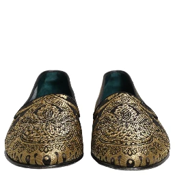Gold Jacquard Leather Slip On Loafers Shoes