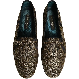 Gold Jacquard Leather Slip On Loafers Shoes