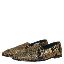 Gold Jacquard Leather Slip On Loafers Shoes