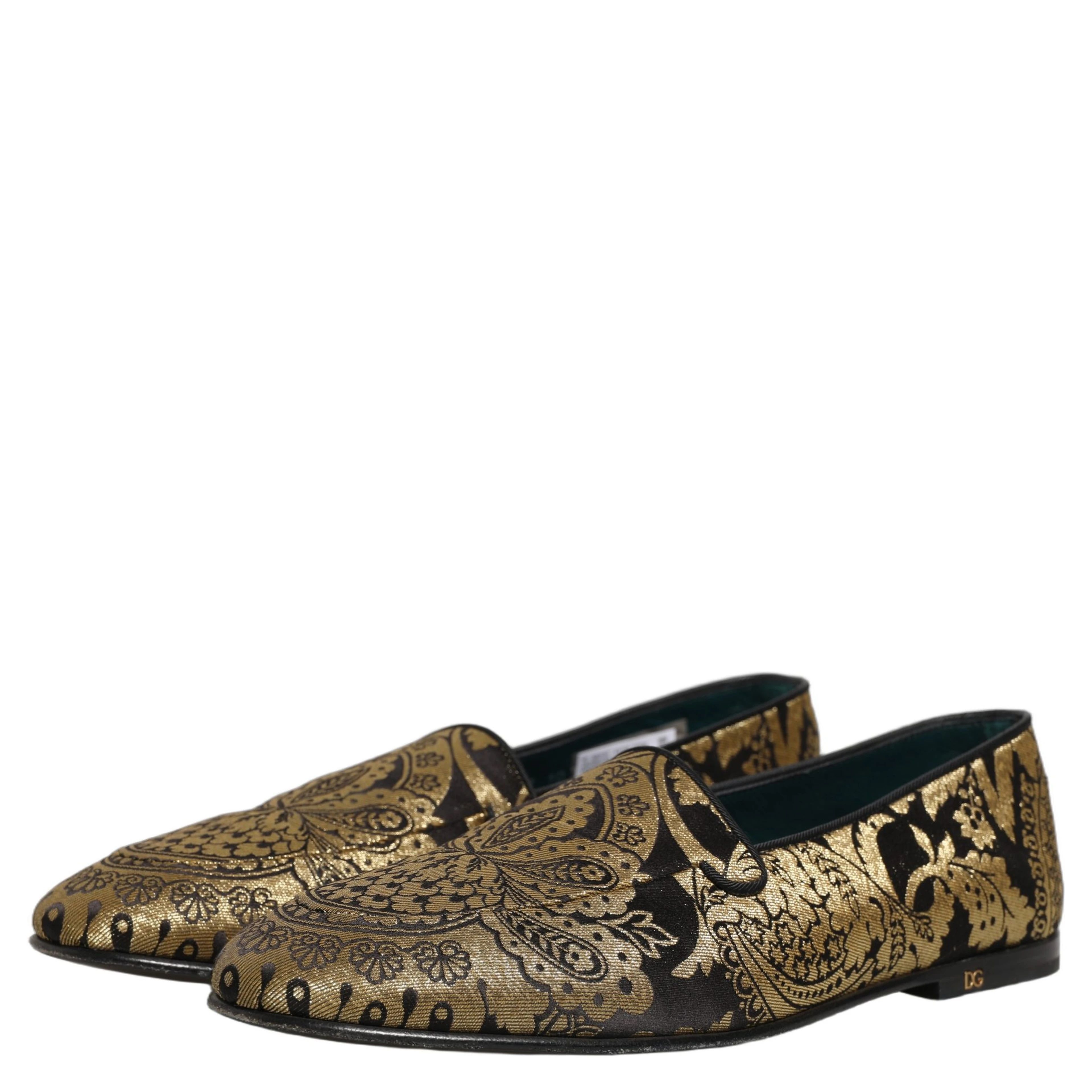 Gold Jacquard Leather Slip On Loafers Shoes