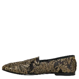 Gold Jacquard Leather Slip On Loafers Shoes
