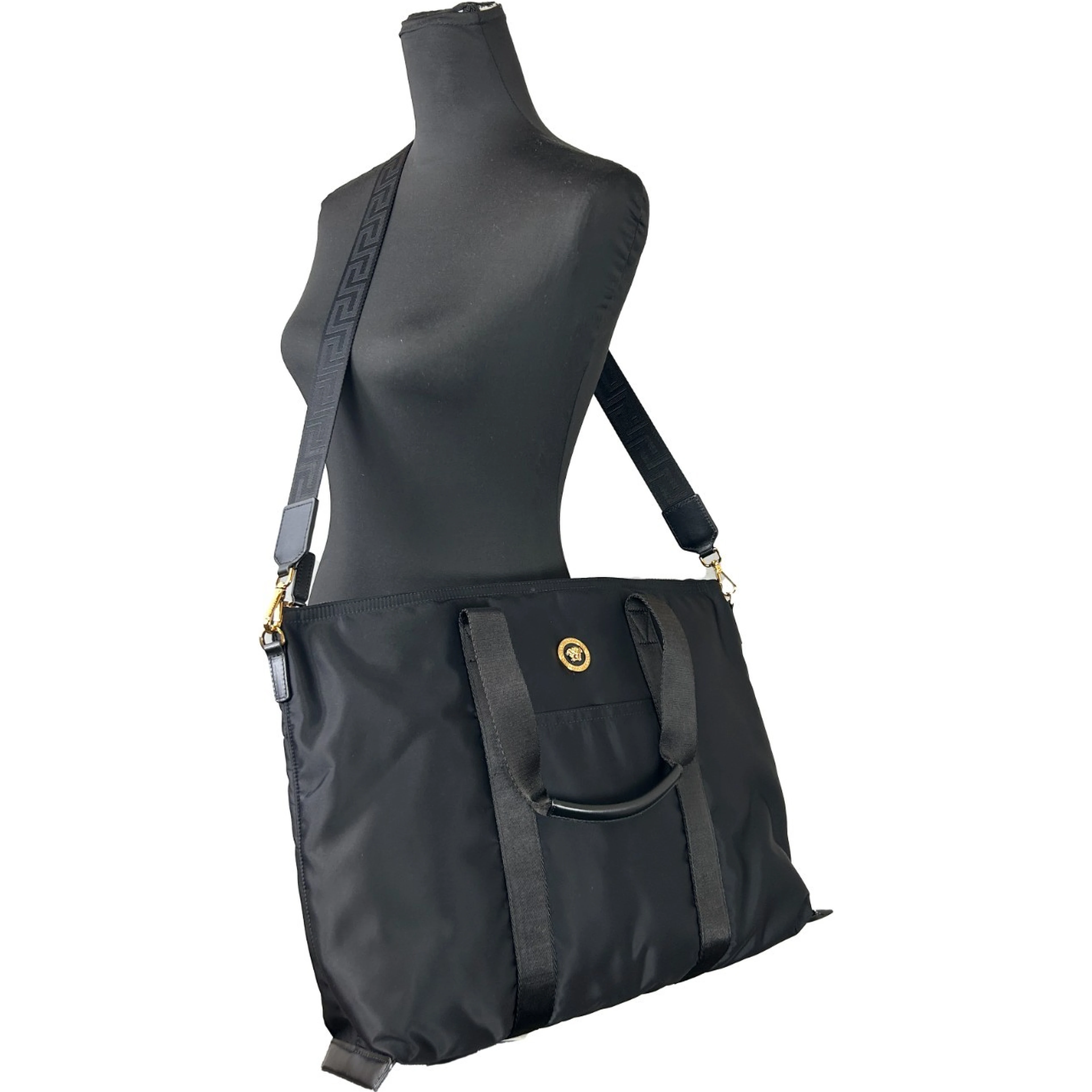 Versace Black Nylon Fabric La Medusa Shoulder Tote Bag