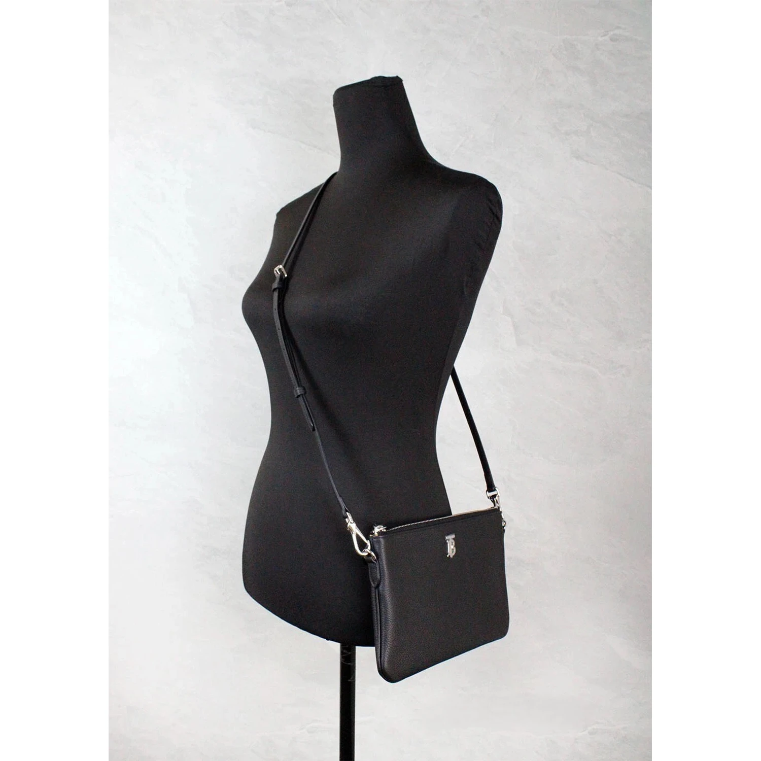 Burberry Peyton Monogram Black Leather Pouch Crossbody Bag Purse