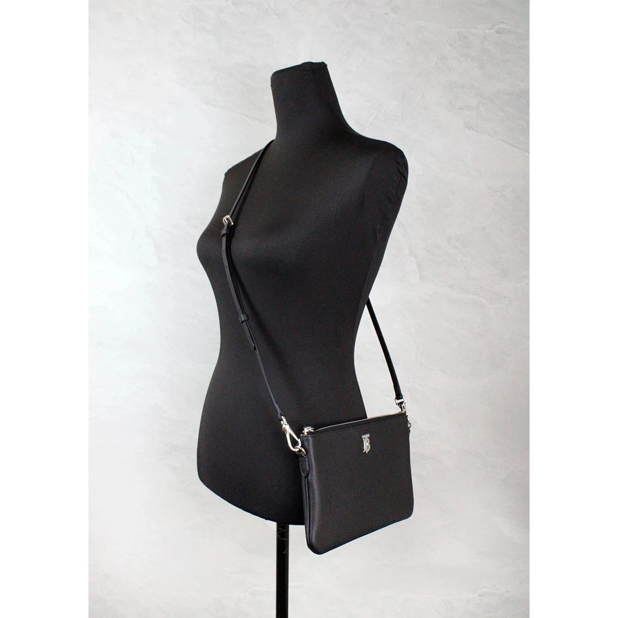 Burberry Peyton Monogram Black Leather Pouch Crossbody Bag Purse