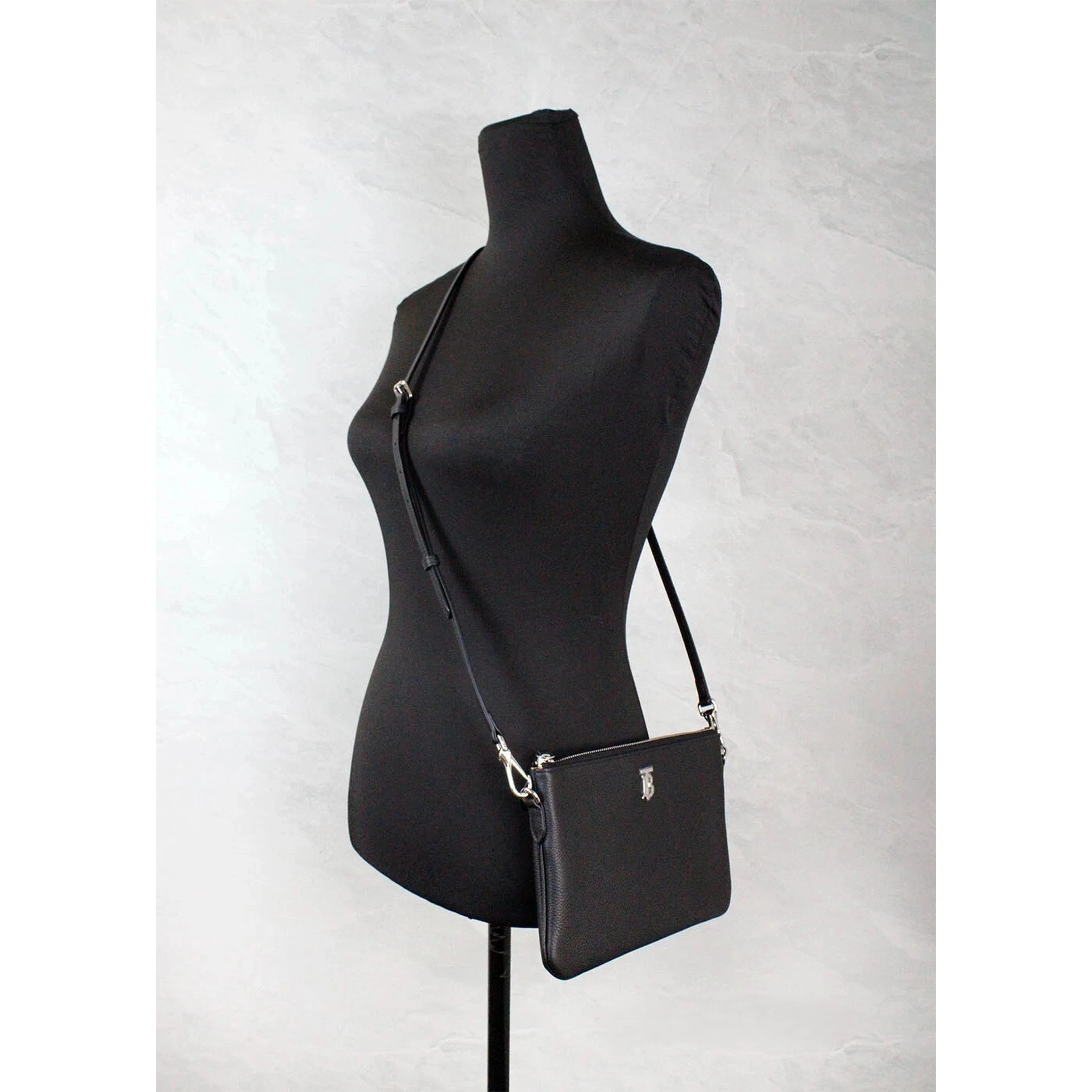 Burberry Peyton Monogram Black Leather Pouch Crossbody Bag Purse