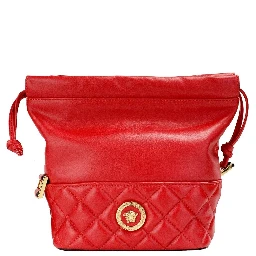 Versace Red Quilted Leather Drawstring Shoulder Bag Bucket Crossbody Handbag
