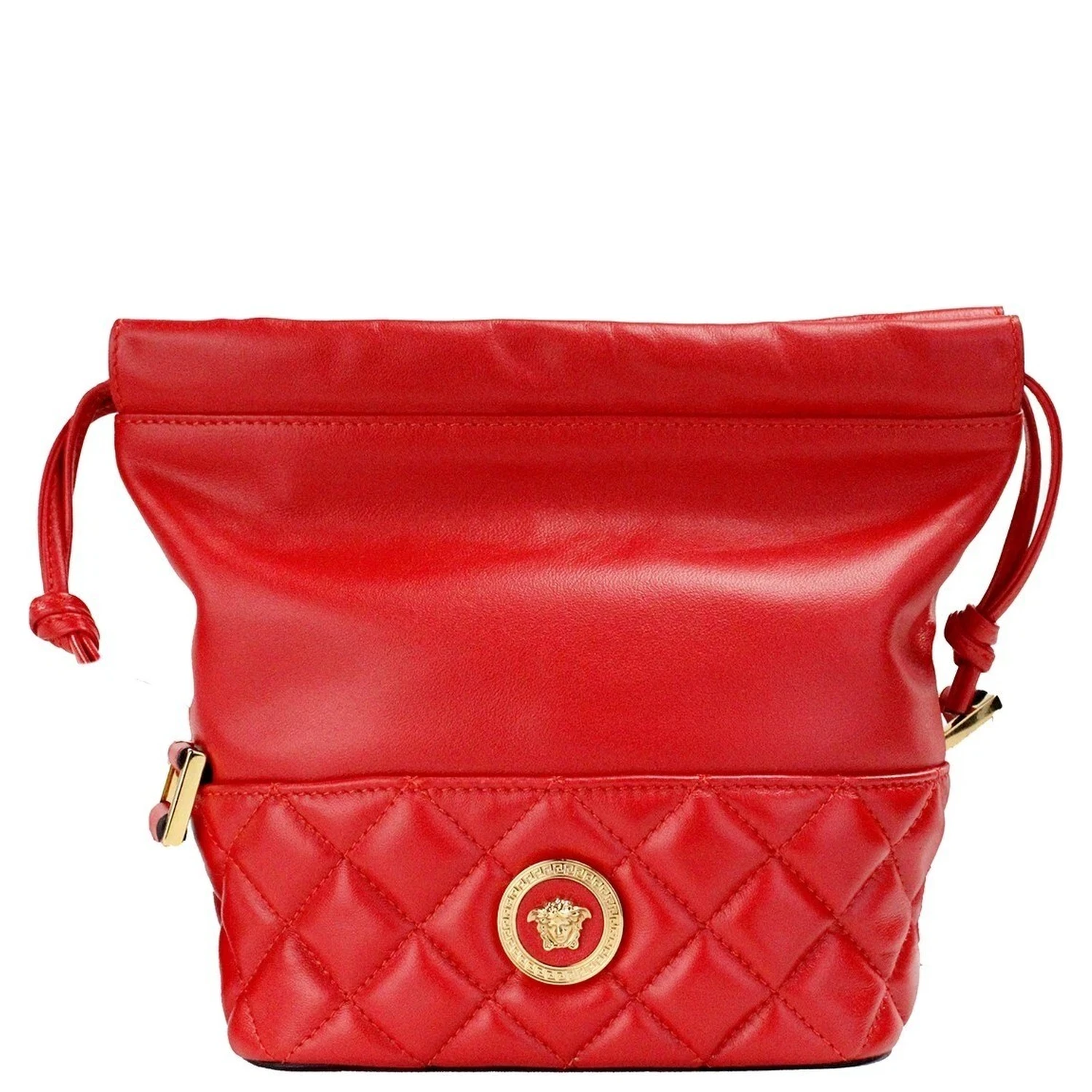 Versace Red Quilted Leather Drawstring Shoulder Bag Bucket Crossbody Handbag