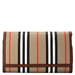 Burberry Hannah Icon Stripe Archive Tan E-Canvas Leather Wallet Crossbody Bag