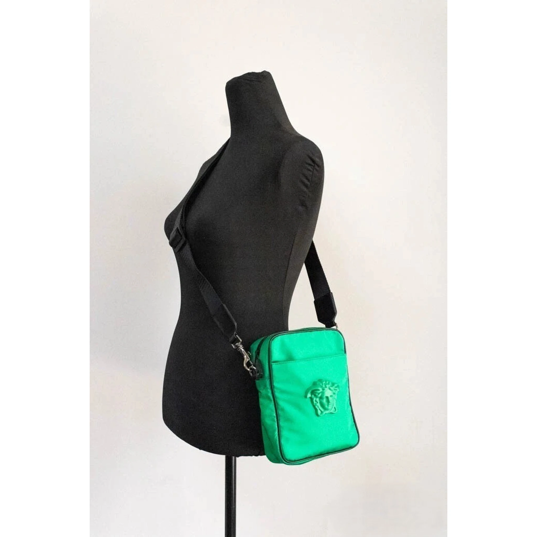 Versace Small Bright Green Nylon Fabric Medusa Crossbody Messenger Bag Purse