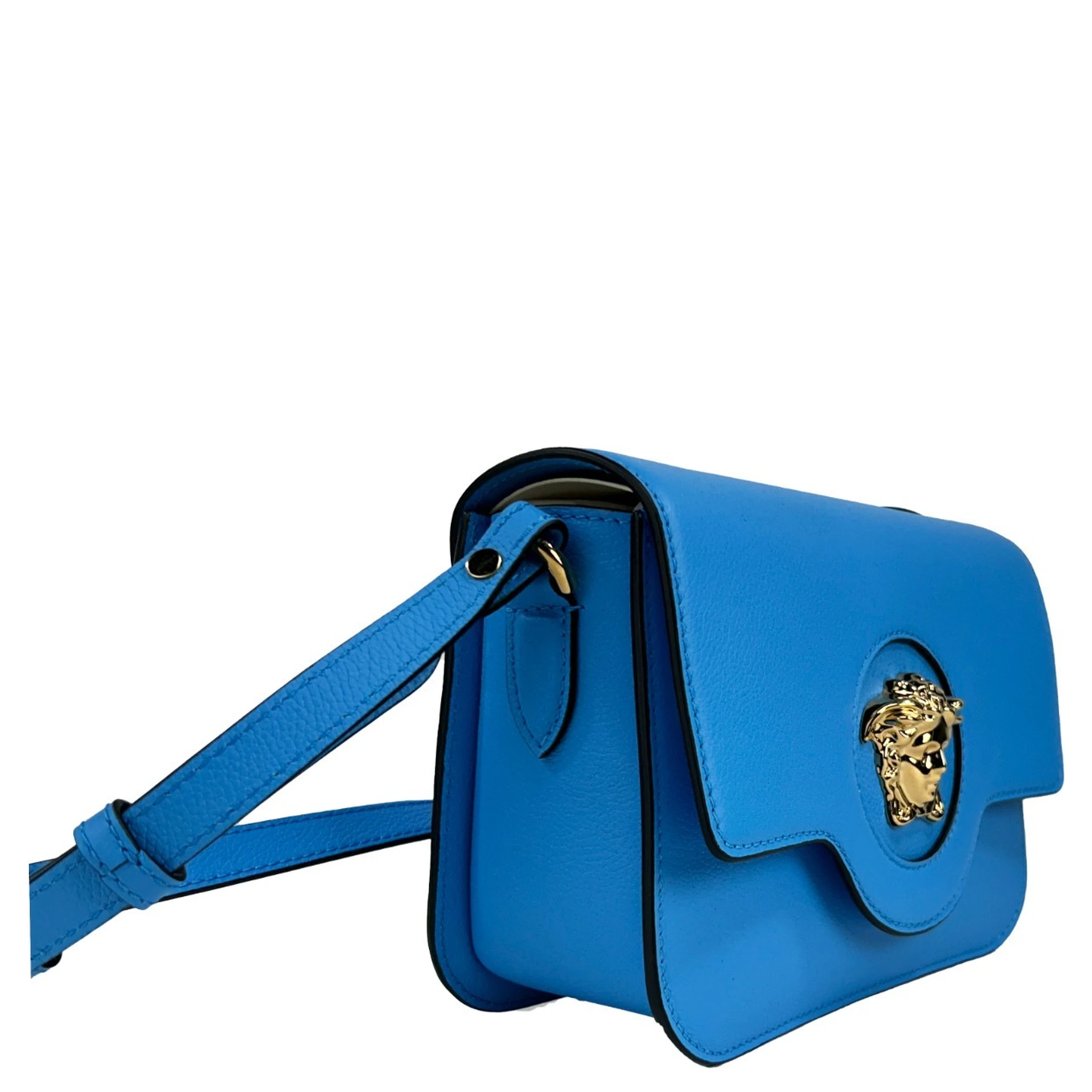 Versace La Medusa Blue Leather Shoulder Crossbody Bag Purse