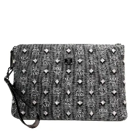 MCM Veritas Medium Dark Grey Denim Monogram Logo Canvas Clutch Pouch Handbag
