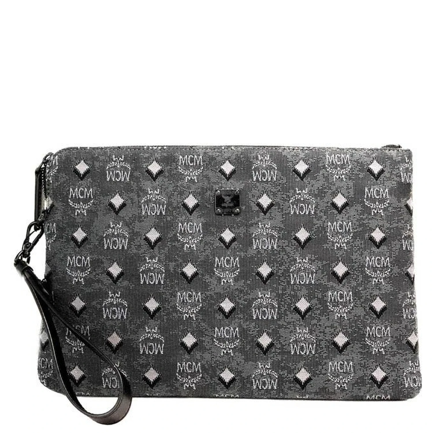 MCM Veritas Medium Dark Grey Denim Monogram Logo Canvas Clutch Pouch Handbag