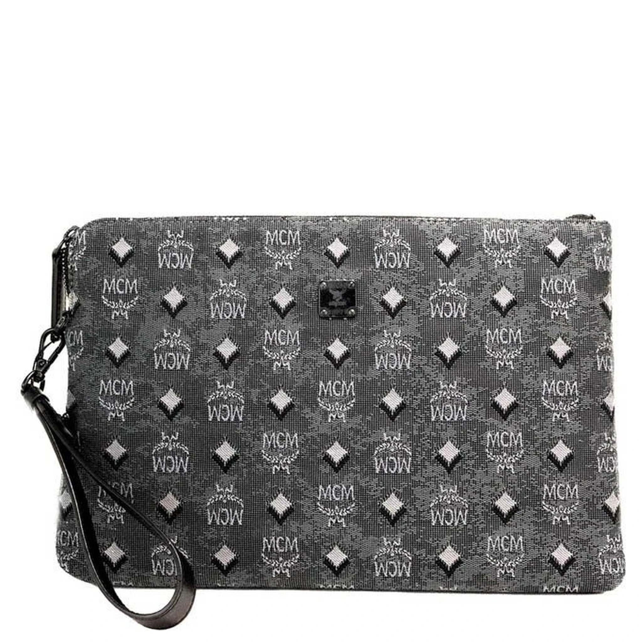 MCM Veritas Medium Dark Grey Denim Monogram Logo Canvas Clutch Pouch Handbag