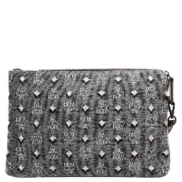 MCM Veritas Medium Dark Grey Denim Monogram Logo Canvas Clutch Pouch Handbag