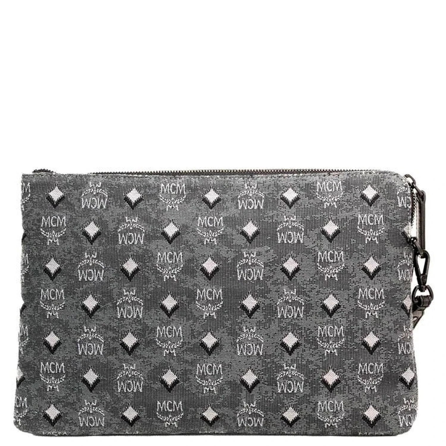 MCM Veritas Medium Dark Grey Denim Monogram Logo Canvas Clutch Pouch Handbag