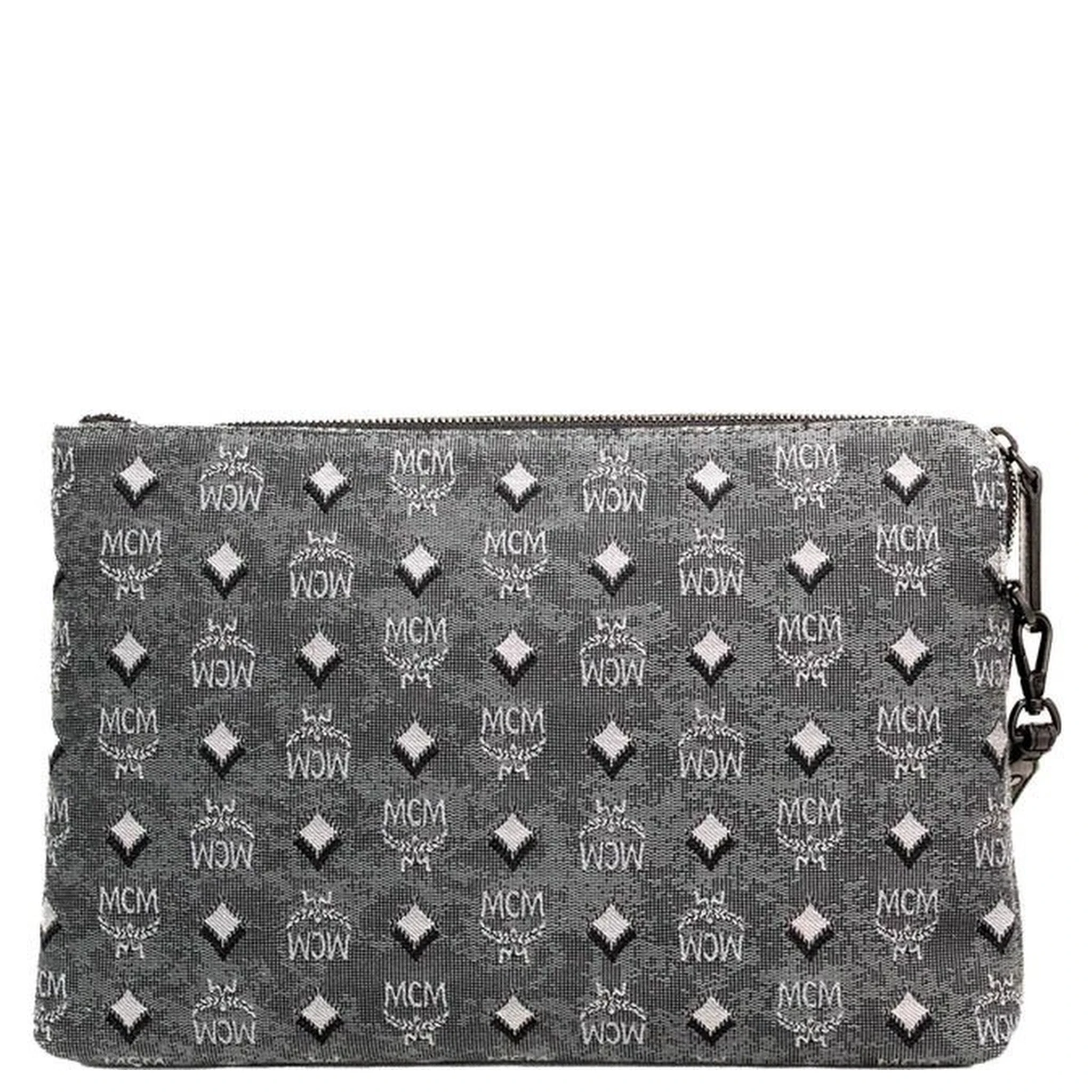 MCM Veritas Medium Dark Grey Denim Monogram Logo Canvas Clutch Pouch Handbag