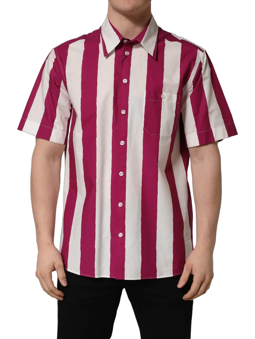 White Maroon Striped Men Short Sleeves Shirt
