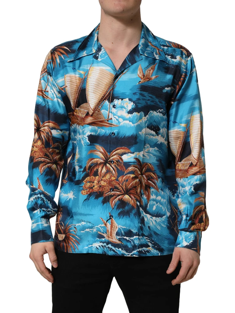 Blue Silk Twill Hawaiian GraphicPrint Shirt